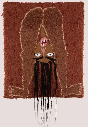 Anya Paintsil, I am the predator and not the prey II, acrylic, wool and synthetic hair on hessian.